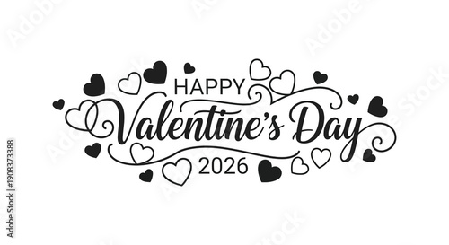 A simple black and white valentine s day graphic displays elegant cursive lettering and scattered heart shapes high quality