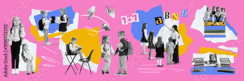 Foto Creative collage with school children studying and reading together