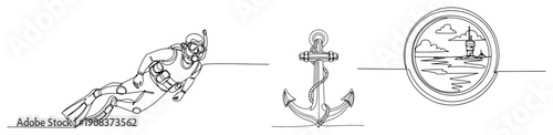 Minimalist one line art of a scuba diver with anchor and nautical maritime emblem