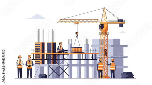 Construction Site with Crane and Workers.