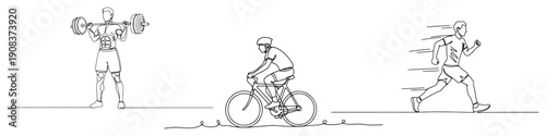 Continuous one line drawing showing different sports activities including weightlifting cycling and running for healthy lifestyle