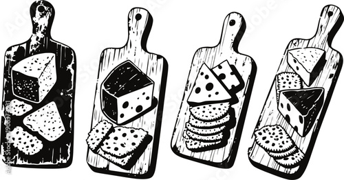Assorted cheese slices and crackers on wooden cutting boards, hand drawn vintage illustration