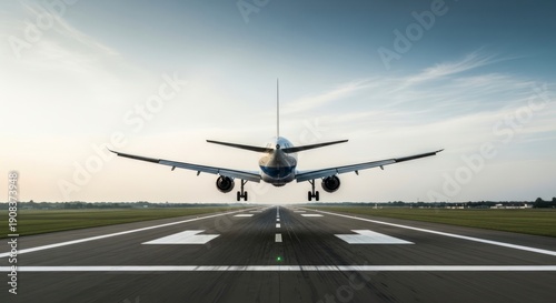 Airplane landing on runway track.