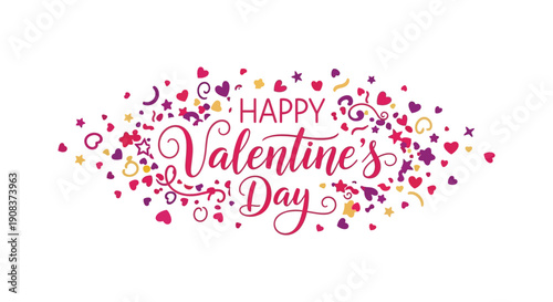 A vibrant and festive illustration spells out happy valentine s day surrounded by colorful hearts and confetti high quality