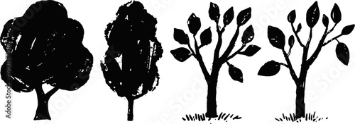 silhouettes of various tree shapes with full canopies and sparse branches against white background