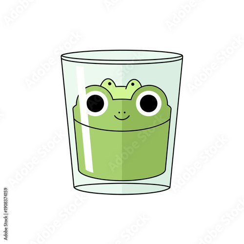 Cute cartoon frog in a glass, funny amphibian character, isolated on white background