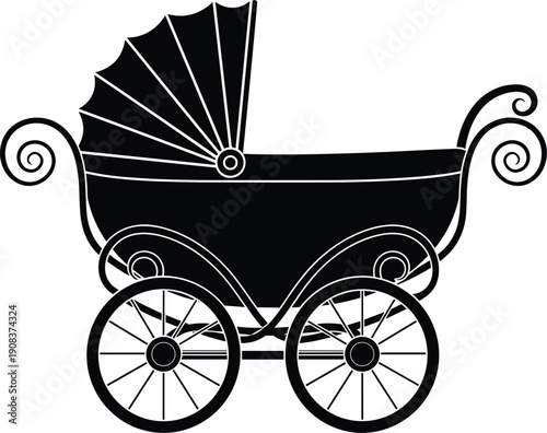 Vintage Baby Carriage Silhouette Isolated on White Background Classic Retro Stroller Icon for Newborn Announcements Baby Shower Invitations Nursery Decor and Victorian Style Design