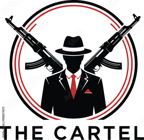 Mafia cartel boss mascot logo with silhouette man in suit and fedora hat with crossed assault rifle guns for gaming