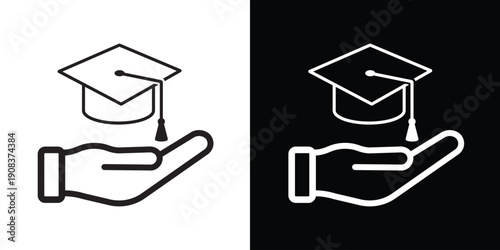 Icon of a hand supporting a graduation cap. Represents scholarship, educational funding, academic support, and student guidance services. Vector line art.