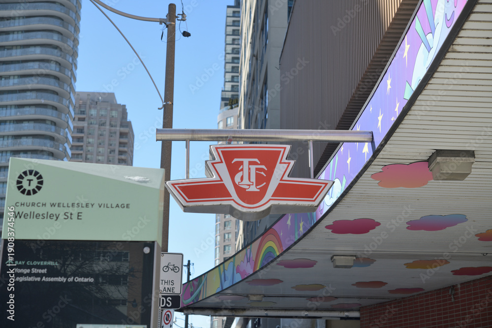 Fototapeta premium fun, decorative entrance to Wellesley Station on Line 1 near the Church-Wellesley Village, looking west, Toronto