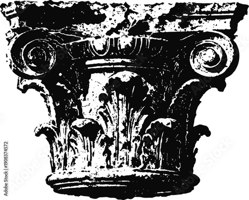 Ancient corinthian column capital with detailed acanthus leaves and scroll ornamentation