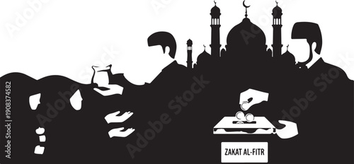 Silhouette of a cityscape with a mosque and people enjoying a meal.