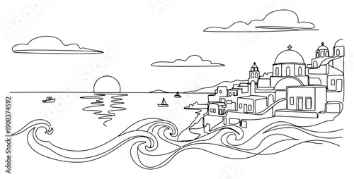 Continuous line art of a Greek island landscape with traditional buildings and sunset over the sea