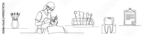 Minimalist continuous one line drawing of a dentist treating a patient in a dental clinic with professional tools