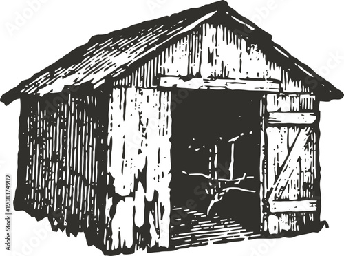 Rustic wooden shed with open door vintage illustration of weathered barn or storage cabin