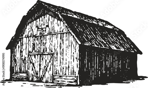 rustic wooden barn illustration in vintage engraving with pitched roof and large door