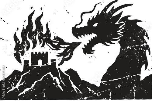 Black silhouette dragon breathing fire on a castle on a rocky hill, fantasy medieval scene