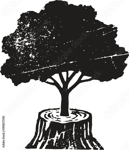 Black silhouette of a tree growing from a large tree stump symbolizing renewal and growth