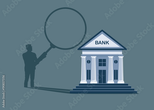 Bank house casting a shadow with businessman with magnifying glass  analyzing piggy bank. Savings. Flat vector illustration