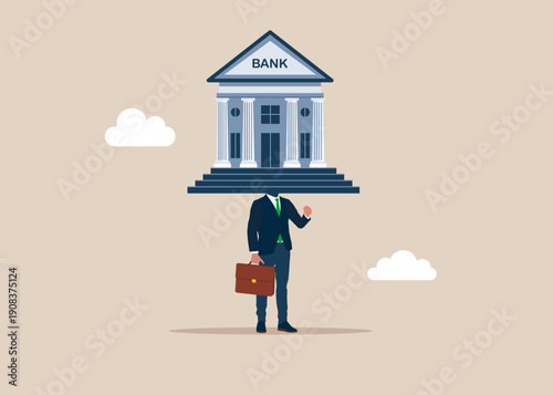 Businessman with a bank house of a head on shoulders. Coin in bank, money savings. Modern vector illustration in flat style. 