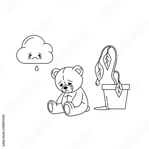 Line art illustration of a sad teddy bear crying next to a wilting plant and a weeping cloud, symbolizing sorrow and depression.