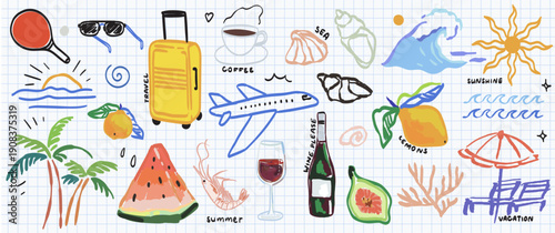 Italian, greek or spanish vacation. Hand drawn vector illustrations in mixed media collage style with doodle sketch elements. Lemon, palm tree in marker watercolor style. Oil drawings for scrapbook.