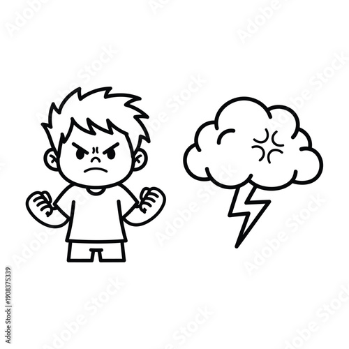 A simple black and white cartoon drawing depicting an angry boy with clenched fists next to a furious storm cloud and lightning bolt.