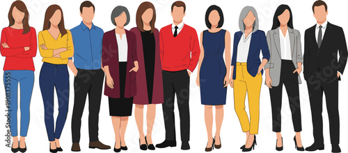 Comprehensive flat vector set featuring ten diverse professional avatars in formal and casual business attire for corporate branding