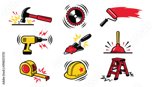 Handyman Essentials: Bold Hard Hat, Ladder, and Power Tools Graphics