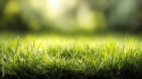 Close-up of Lush Green Grass Blades Bathed in Soft Sunlight.
