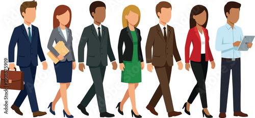 Diverse business people walking together, professional corporate team in formal suits, office workers carrying briefcase and digital tablet, vector illustration