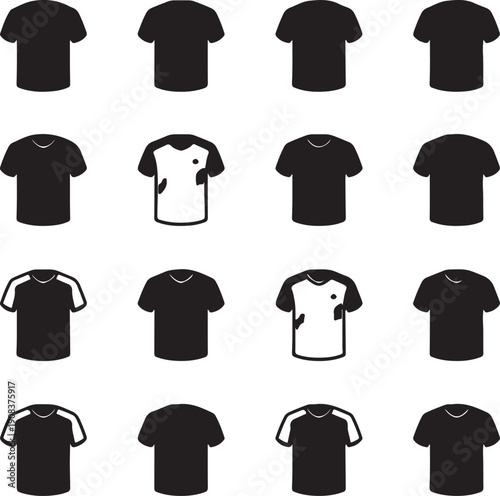 Diverse collection of t-shirt designs and styles in silhouette format