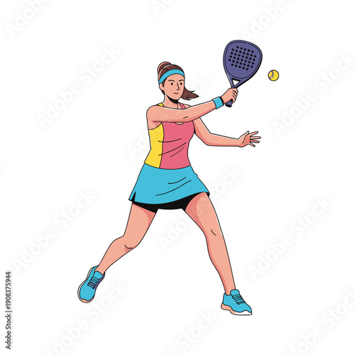 Woman playing padel tennis, hitting ball with racket, dynamic action shot, sports lifestyle