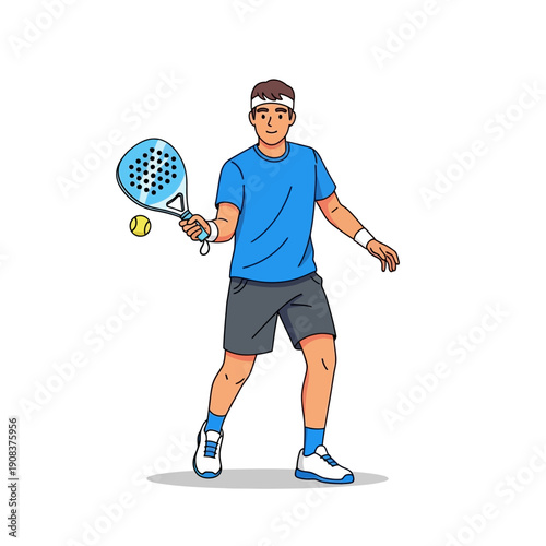 Man playing padel tennis, hitting ball with racket, active lifestyle, sports concept