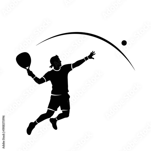 Silhouette of a man playing tennis, jumping to hit the ball with a racket