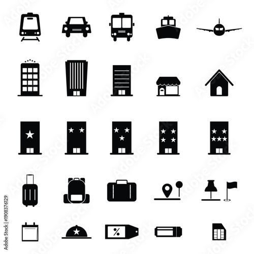 Travel and tourism vector icon set featuring transportation accommodation and vacation planning elements in minimalist black solid style