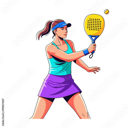 Woman playing padel tennis, hitting ball with racket, athletic woman, sports concept