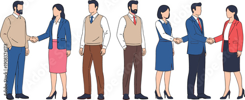 Flat vector illustration featuring a diverse professional team engaging in handshakes and collaborative business networking activities