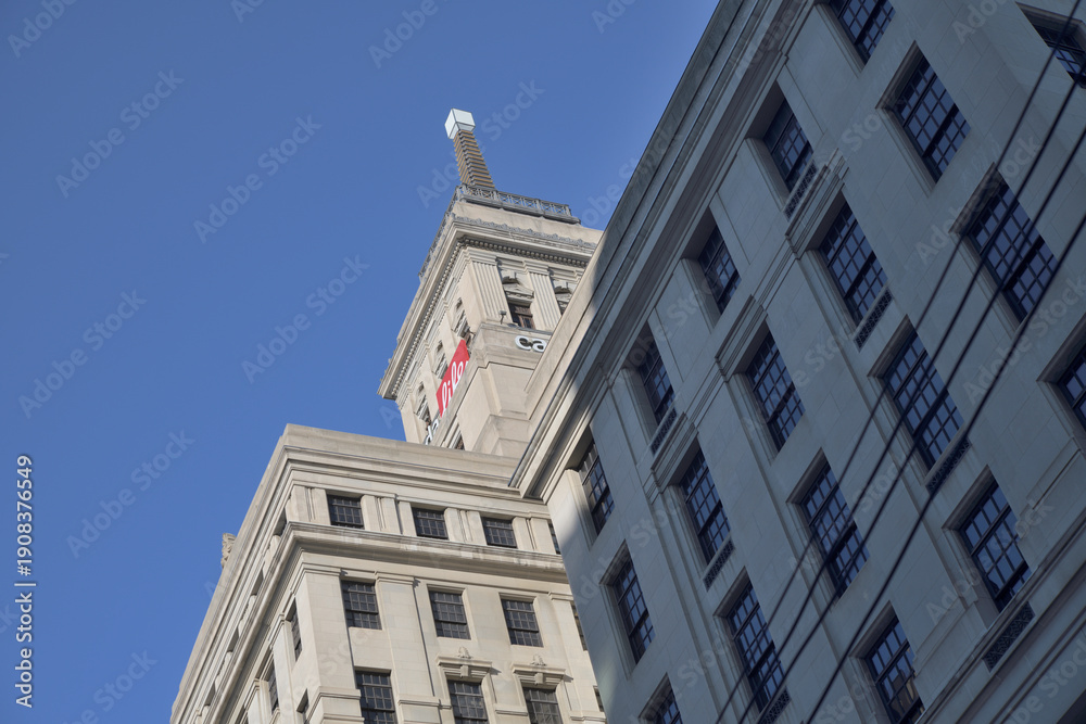 Fototapeta premium oblique skyward view of Canada Life Building (Simcoe St side) located at 330 University Av, Toronto