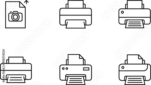 Printer document and printing device icons set office print equipment vector illustration collection technology symbols design