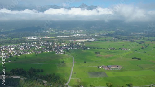 Aerial view around the mountains in Liechtenstein on a cloudy summer morning