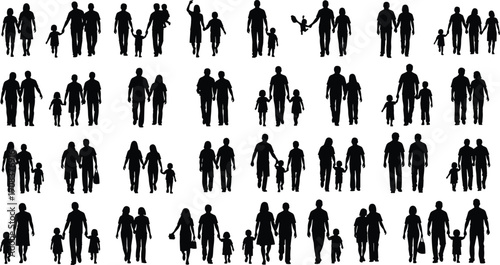 Large collection of black silhouettes featuring families with children and couples walking together isolated on white background for lifestyle design