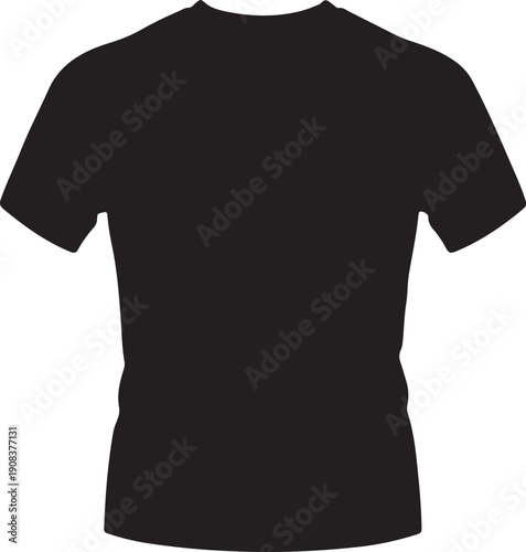 A black t-shirt with short sleeves and a round neckline displayed from the back