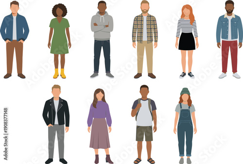 Diverse group of flat vector people characters standing in casual outfits, multicultural men and women for community and teamwork