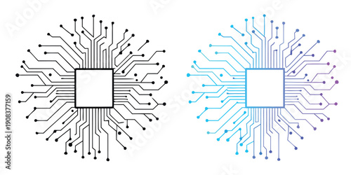 AI chip processor with circuit line on a white background. Artificial intelligence, deep learning, and machine learning. CPU and Microchip. Icon element for application and web. Vector illustration.