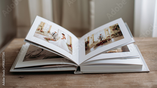Premium wedding photo album on wooden table