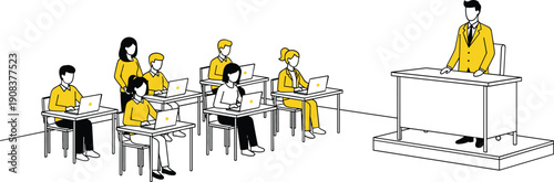 Modern classroom vector illustration with students using laptops and teacher at podium in minimalist line art style for education