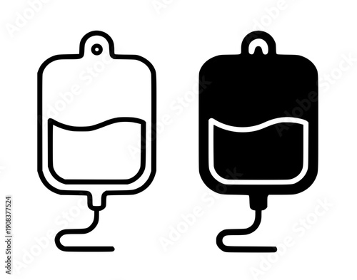 Health and medical icon, vector illustration of blood bag, black and white in outline and silhouette design