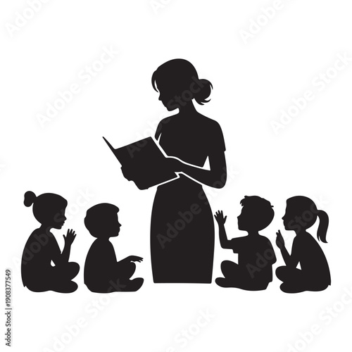 Teacher reading a book to children silhouette