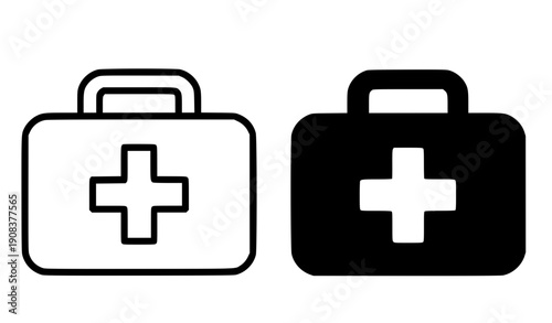 Health and medical icon, vector illustration of first aid kit, black and white in outline and silhouette design